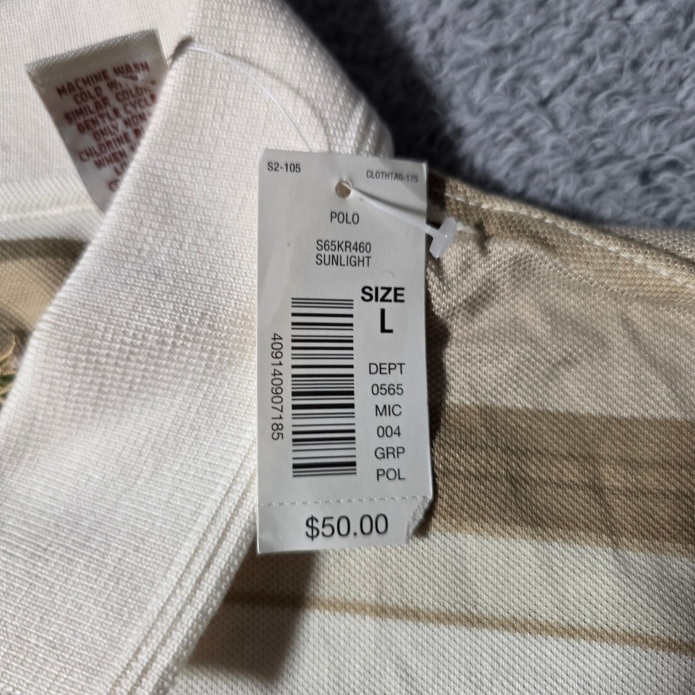 Caribbean Mens L Polo Shirt Sunlight Tan Striped Silk Cotton S65KR460 Short Slv - Picture 3 of 6